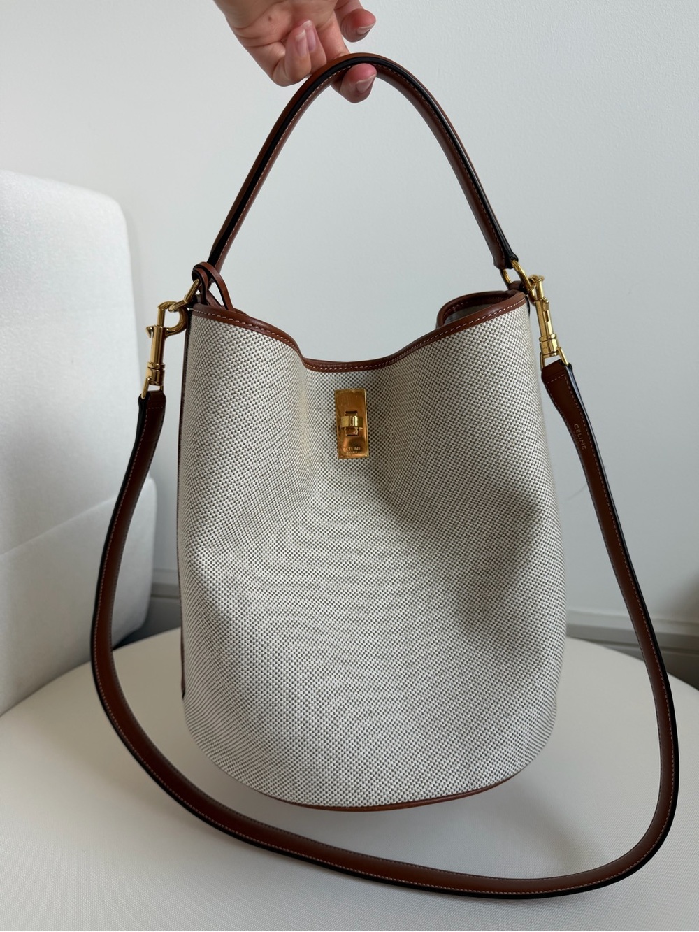 Celine Beige Canvas Bucket Bag with Brown Leather Trim and Gold Hardware - Picture 3 of 14